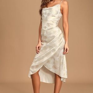 Lulu’s Garden Walks White and Gold Floral Print MIDI Slip Dress